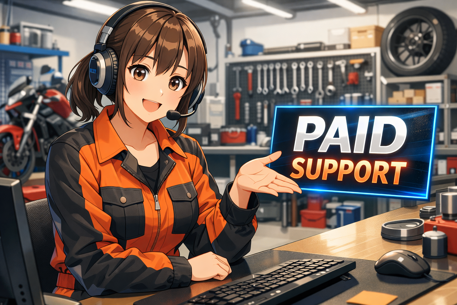 バイク修理の有料技術サポート相談窓口（ヘッドセットを付けた女性整備士のイラスト）